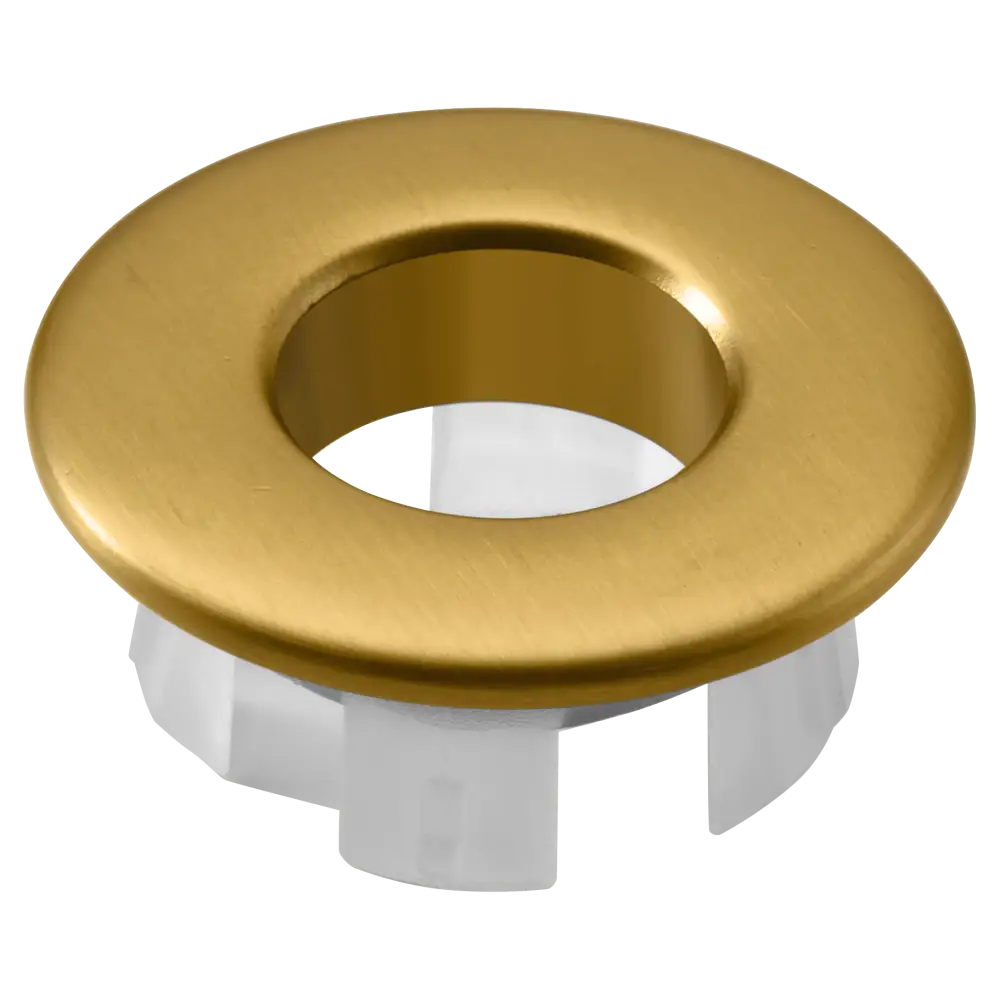 Brushed gold washbasin overflow trim faucet accessory closeup
