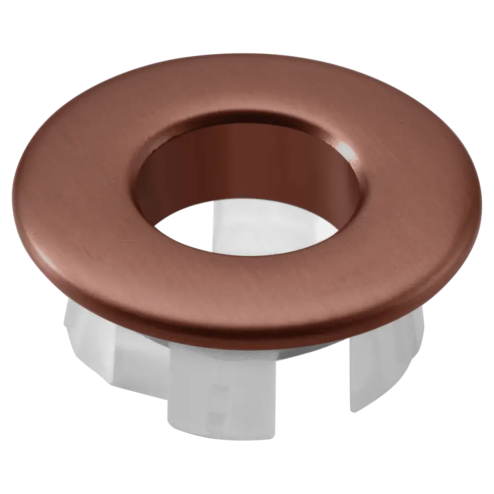 Brushed rose gold sink overflow trim ring faucet accessory closeup