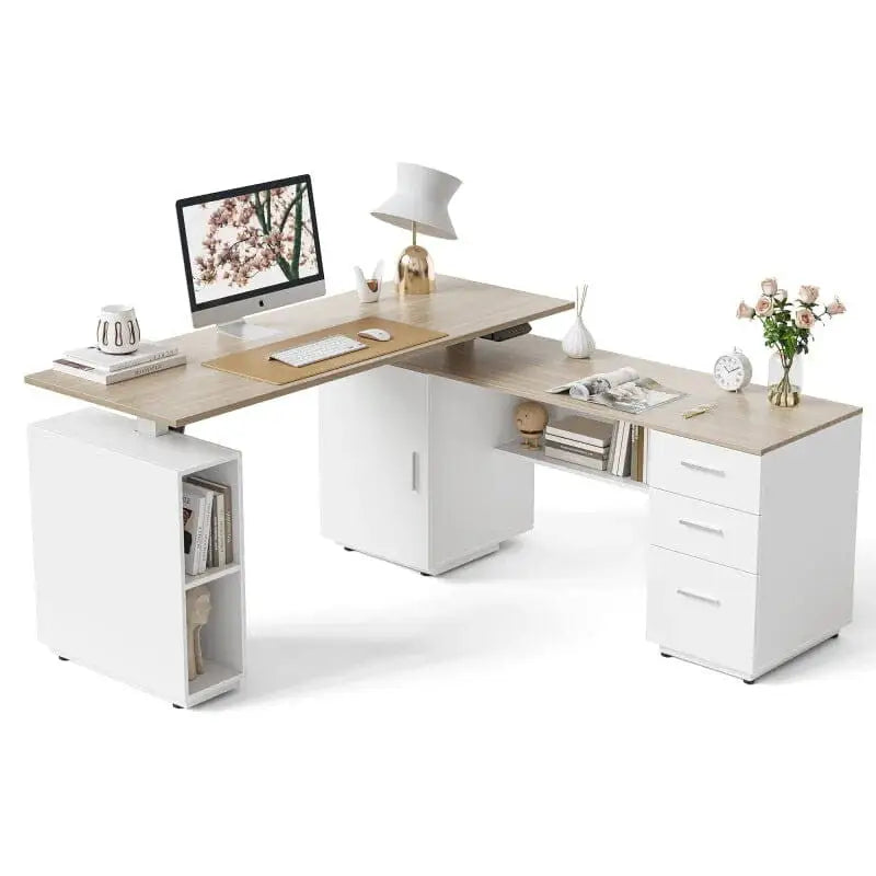 Executive Standing L-Shaped Desk with 3-Drawer File Cabinet