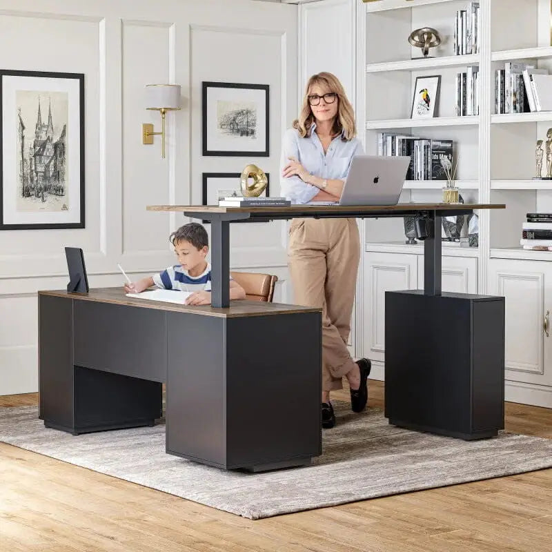 Executive Standing L-Shaped Desk with 3-Drawer File Cabinet