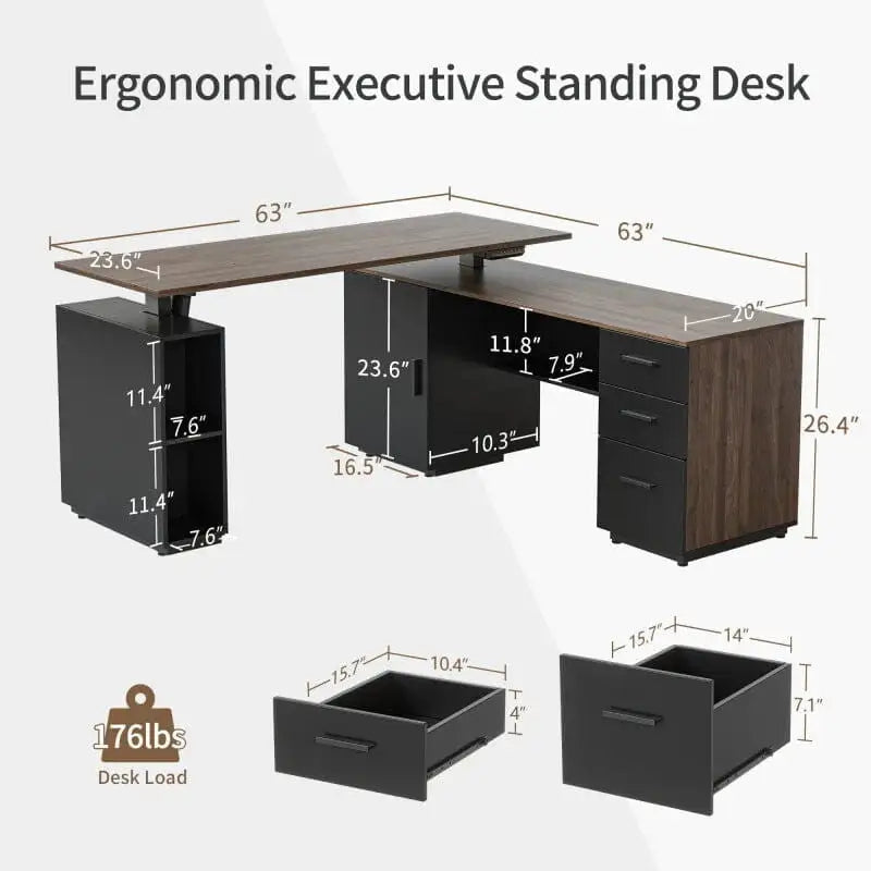 Executive Standing L-Shaped Desk with 3-Drawer File Cabinet