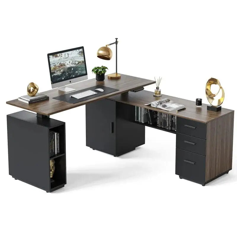 Executive Standing L-Shaped Desk with 3-Drawer File Cabinet