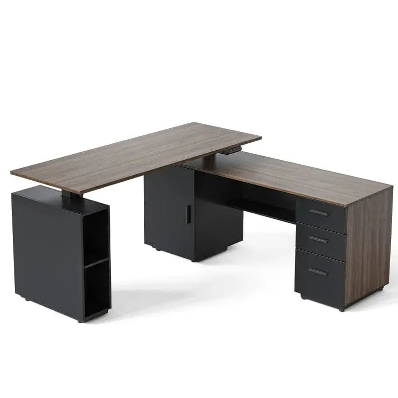 Executive Standing L-Shaped Desk with 3-Drawer File Cabinet