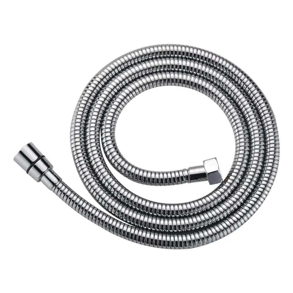 Chrome reinforced steel shower flex hose 150cm coiled on white background