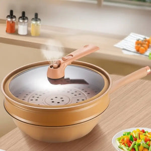 Functional Clay Steamer Flat Bottom Uncoated Wok Pan - Wok Steamer / 32cm - Cookware set