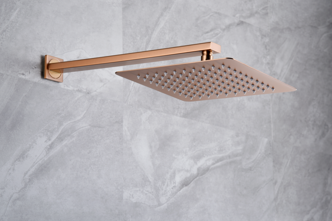 Brushed Rose Gold Built-In Shower Mixer Single Lever, rain head detail