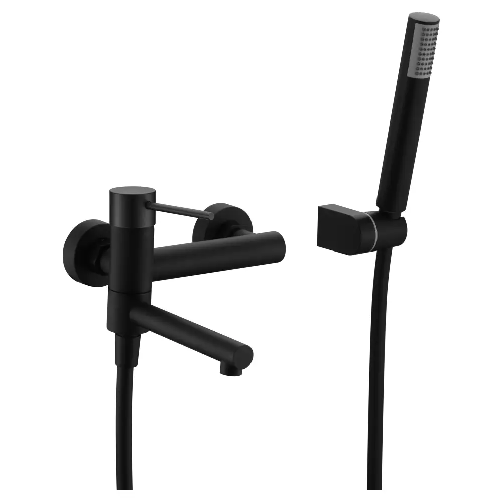 Matte black modern minimalist shower faucet with sleek design and chrome accents