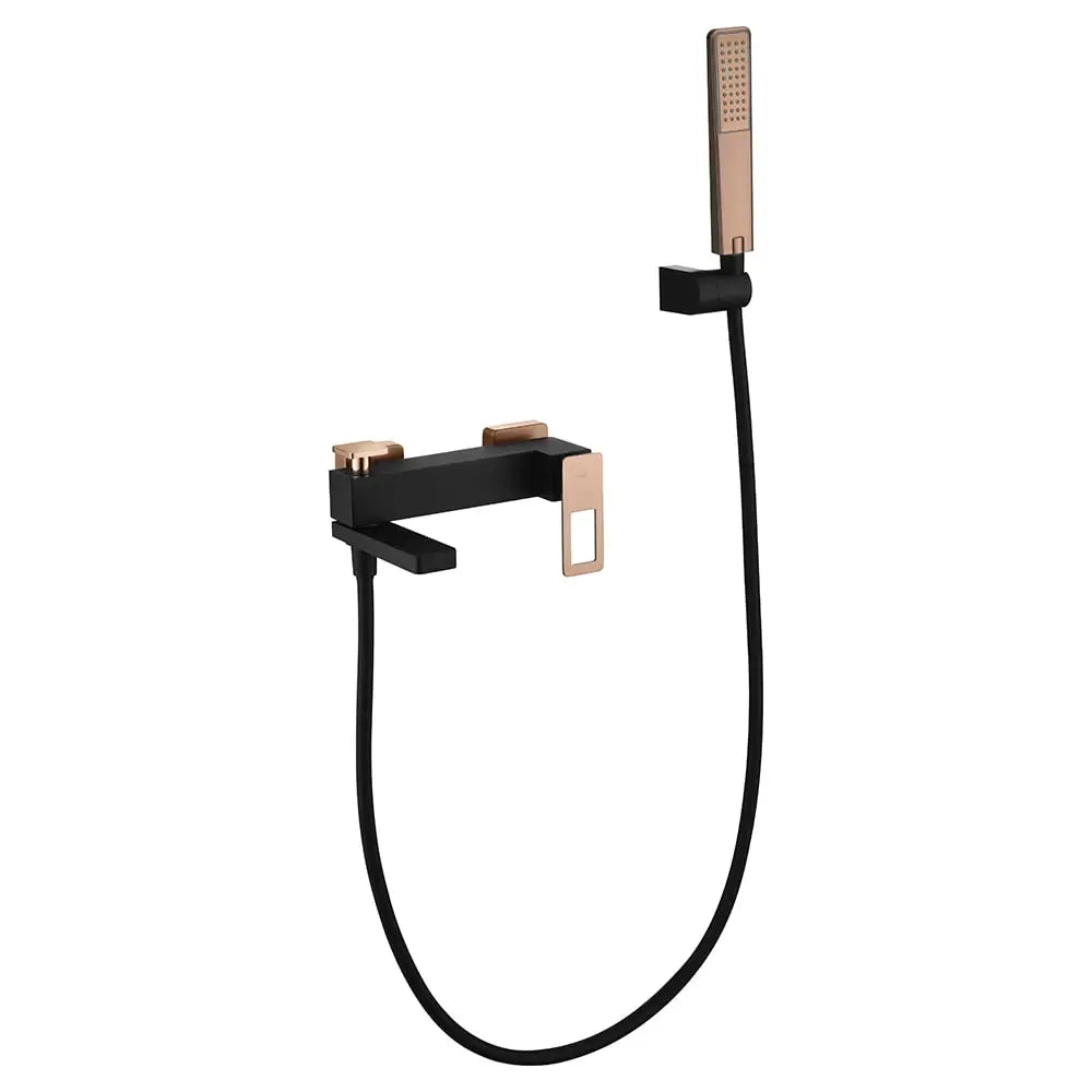 Black and rose gold modern shower faucet set against white background