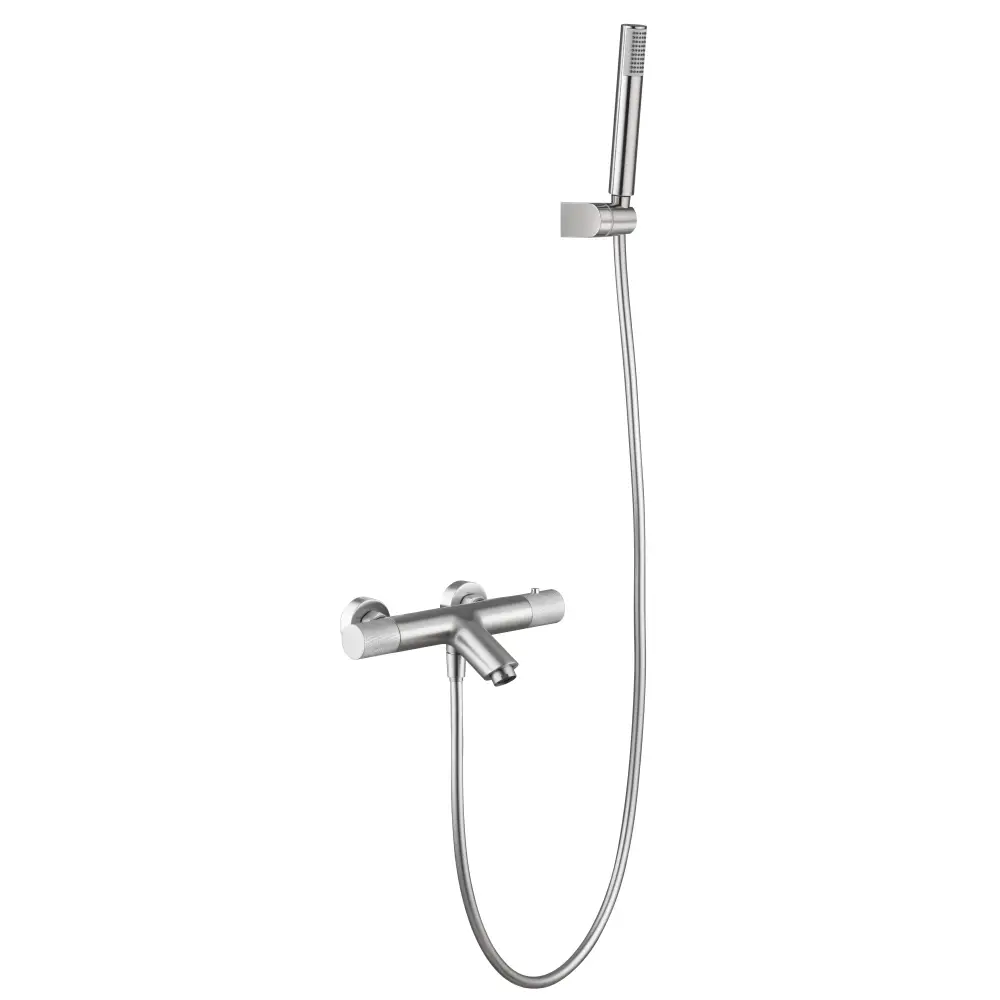 Brushed nickel thermostatic shower faucet set with chrome finish details