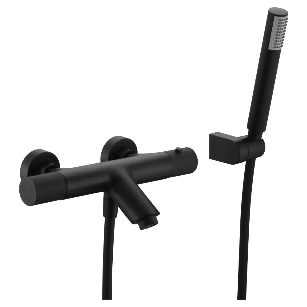 Matte black thermostatic shower faucet with temperature control dial and sleek design