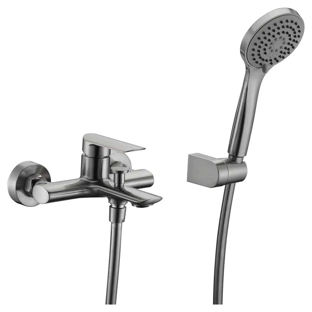 Ural brushed nickel shower faucet set with chrome finish details