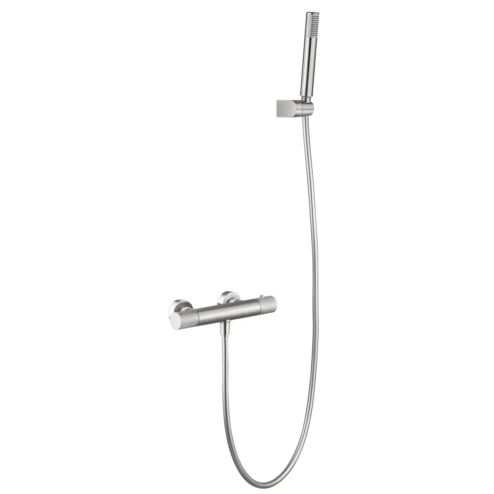 Brushed nickel thermostatic shower faucet set with chrome finish details