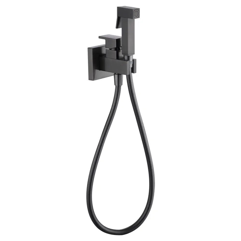 Gun metal black bidet faucet with pop-up drain fixture closeup