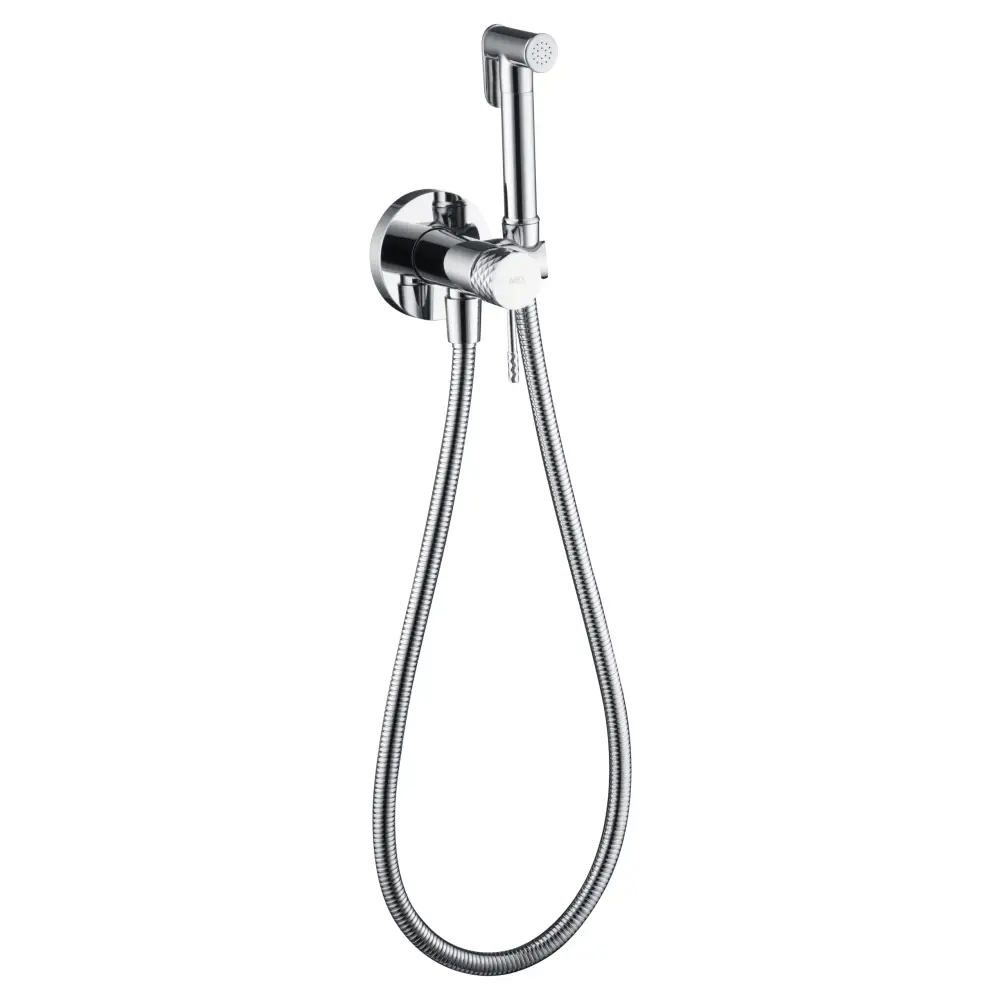 Chrome built-in bidet faucet with modern minimalist design on white background