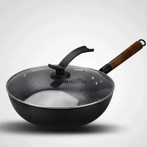 Iron Hand Forged Non Stick Uncoated Wok - Hammered wok + tempered lid - 32cm - Cookware set