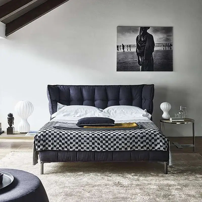 Italian Linen Modern Luxury Minimalist Double Bed Frame - Grey - Bedroom