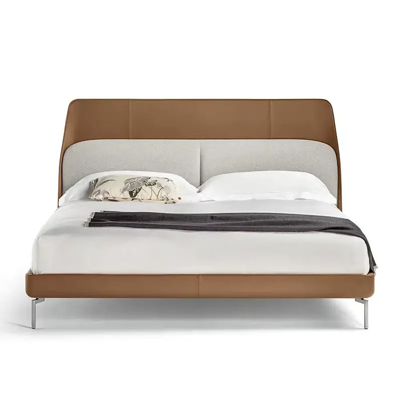 Italian Minimalist High Backrest Double Wood Bed Frame - Genuine leather 1.5 - Bedroom