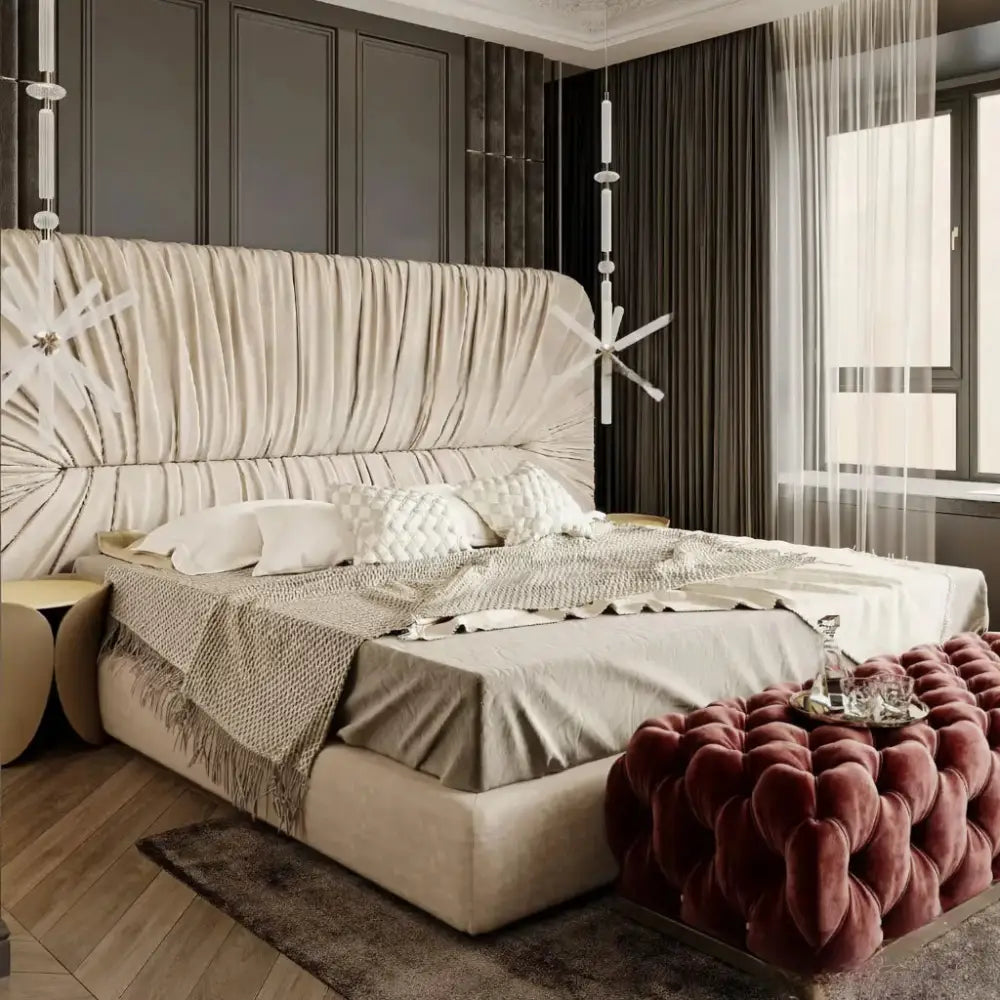 Italian Minimalist Queen French Pleated Bed Frame - Bedroom