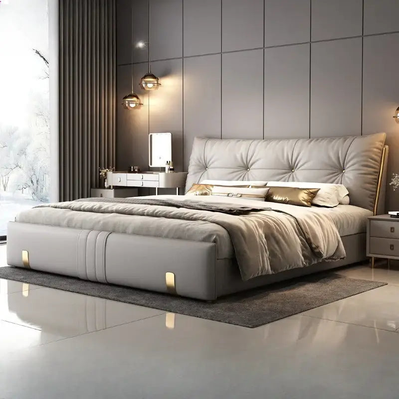 Italian Upholstered Storage High Backrest Double Bed Frame - Bedroom