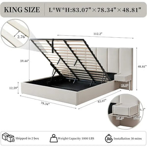 King Upholstered Lift Up Storage Velvet Headboard Bed Frame - Beige - Bedroom
