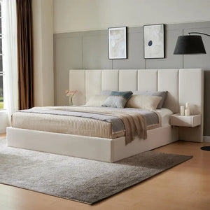 King size beige velvet upholstered bed frame with lift storage headboard