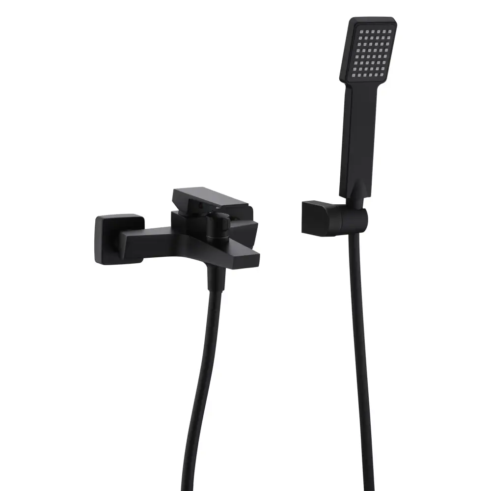 Matte black modern single-lever shower set with contemporary bath fixtures