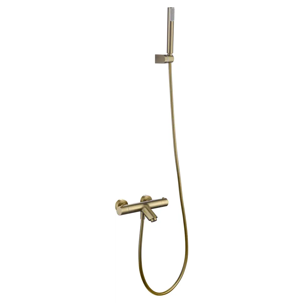Genova brushed gold thermostatic shower kit with modern fixtures and gold finish