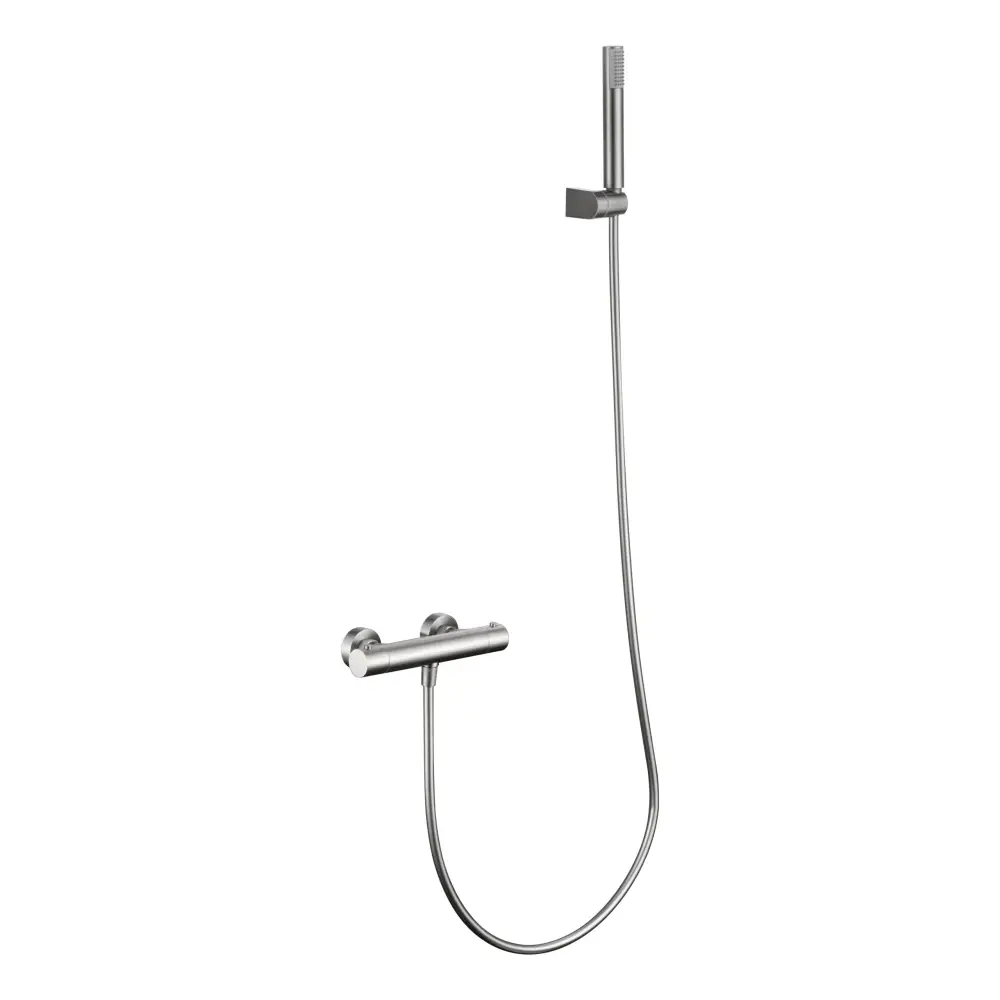 Brushed nickel modern thermostatic shower set with sleek chrome fixtures