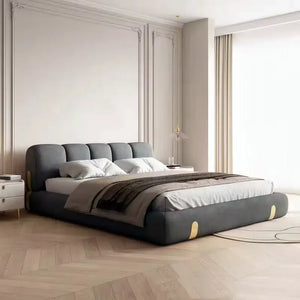 Minimalist Luxury Cloud Headboard Floor Bed Frame - Grey - PU Leather / 150 x 200 cm - Bedroom