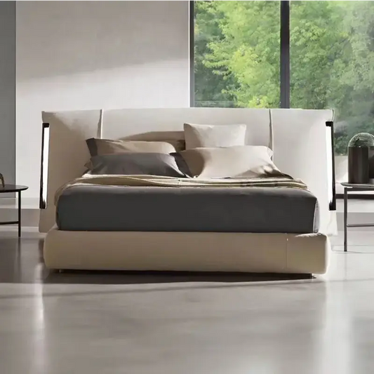 Minimalist PU Leather Double Veneer Wood Bed Frame - Beige / 180 x 200 cm - Bedroom