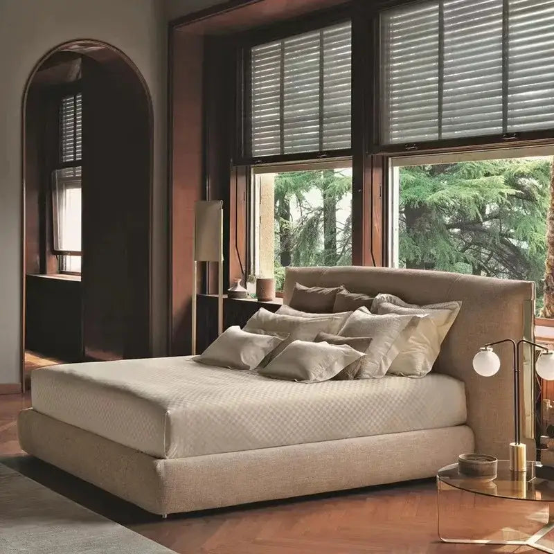 Minimalist PU Leather Double Veneer Wood Bed Frame - Beige / 180 x 200 cm - Bedroom