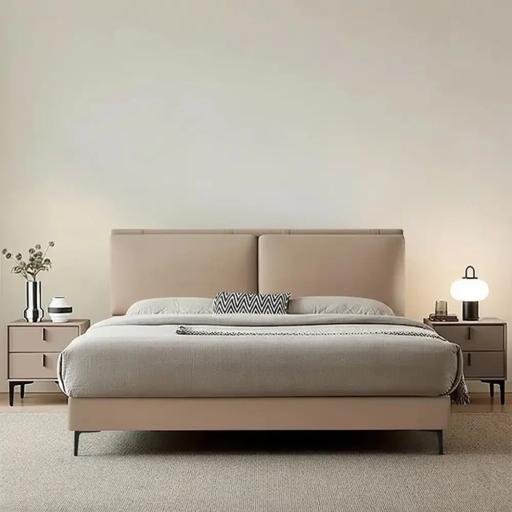 Solid Wood Leather Bed Frame with Integrated Backrest