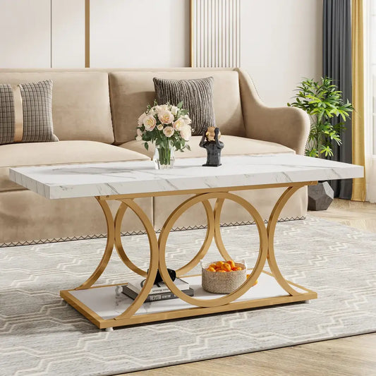 Modern 2 Tier Rectangular Marble Coffee Table - Multifunctional coffee table