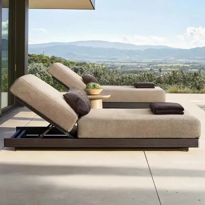 Modern aluminum outdoor modular sofa showcasing close up detail of weatherproof frame construction and material finish
