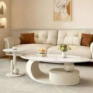 Oval Coffee Table Modern Irregular Base Cream
