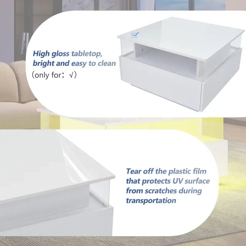 Modern LED 2 Drawers Transparent Coffee Table - White - Multifunctional coffee table