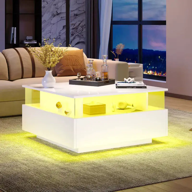 Modern LED 2 Drawers Transparent Coffee Table - White - Multifunctional coffee table
