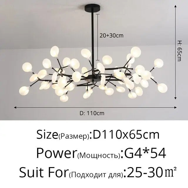 Modern LED Chandelier Light Tree Branch Firefly - Black 54 Heads / Glass lampshade / Warm White 3000K - Lamps