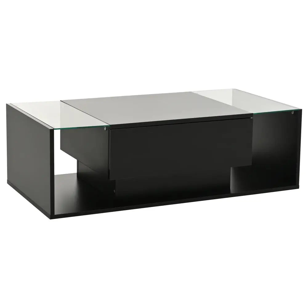 Modern LED Minimalist Drawer Glass Shelf Coffee Table - Black - Multifunctional coffee table