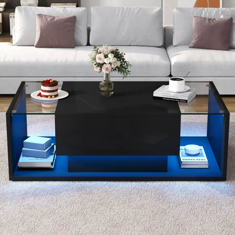 Modern LED Minimalist Drawer Glass Shelf Coffee Table - Multifunctional coffee table