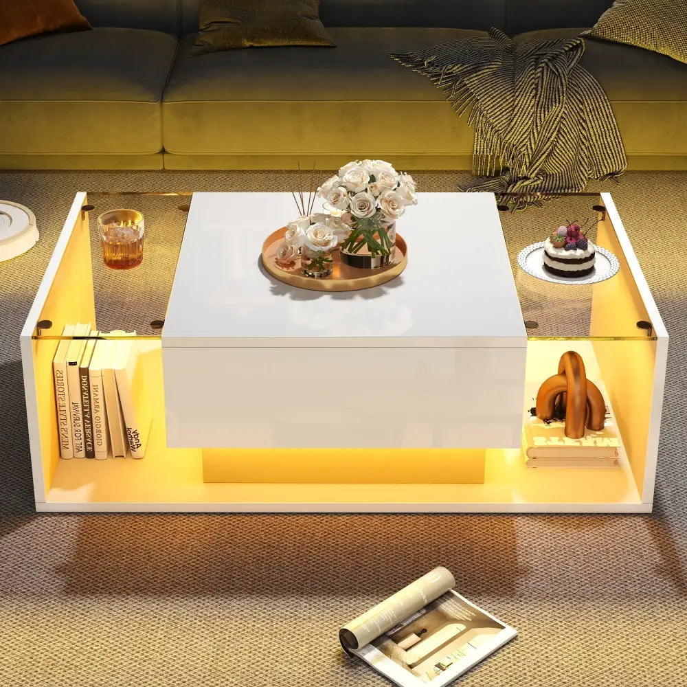 Modern LED Minimalist Drawer Glass Shelf Coffee Table - Multifunctional coffee table