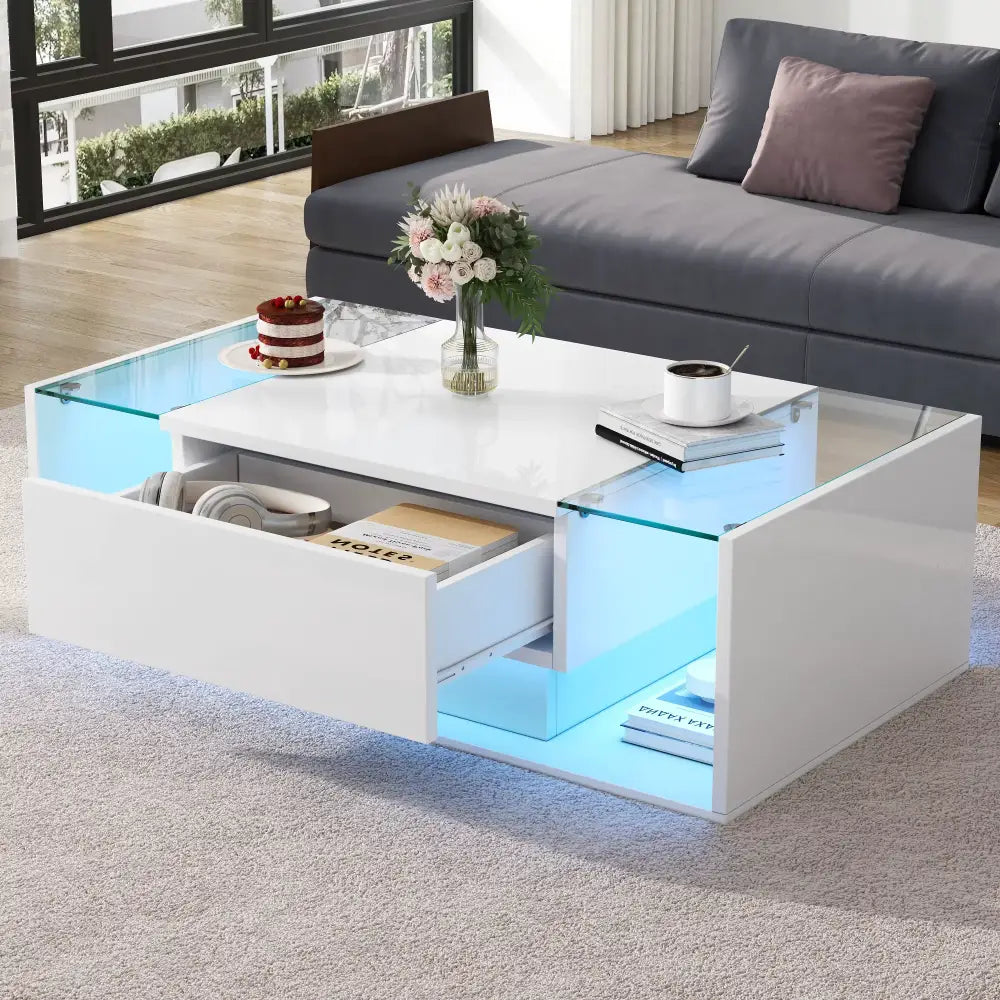 Modern LED Minimalist Drawer Glass Shelf Coffee Table - Multifunctional coffee table