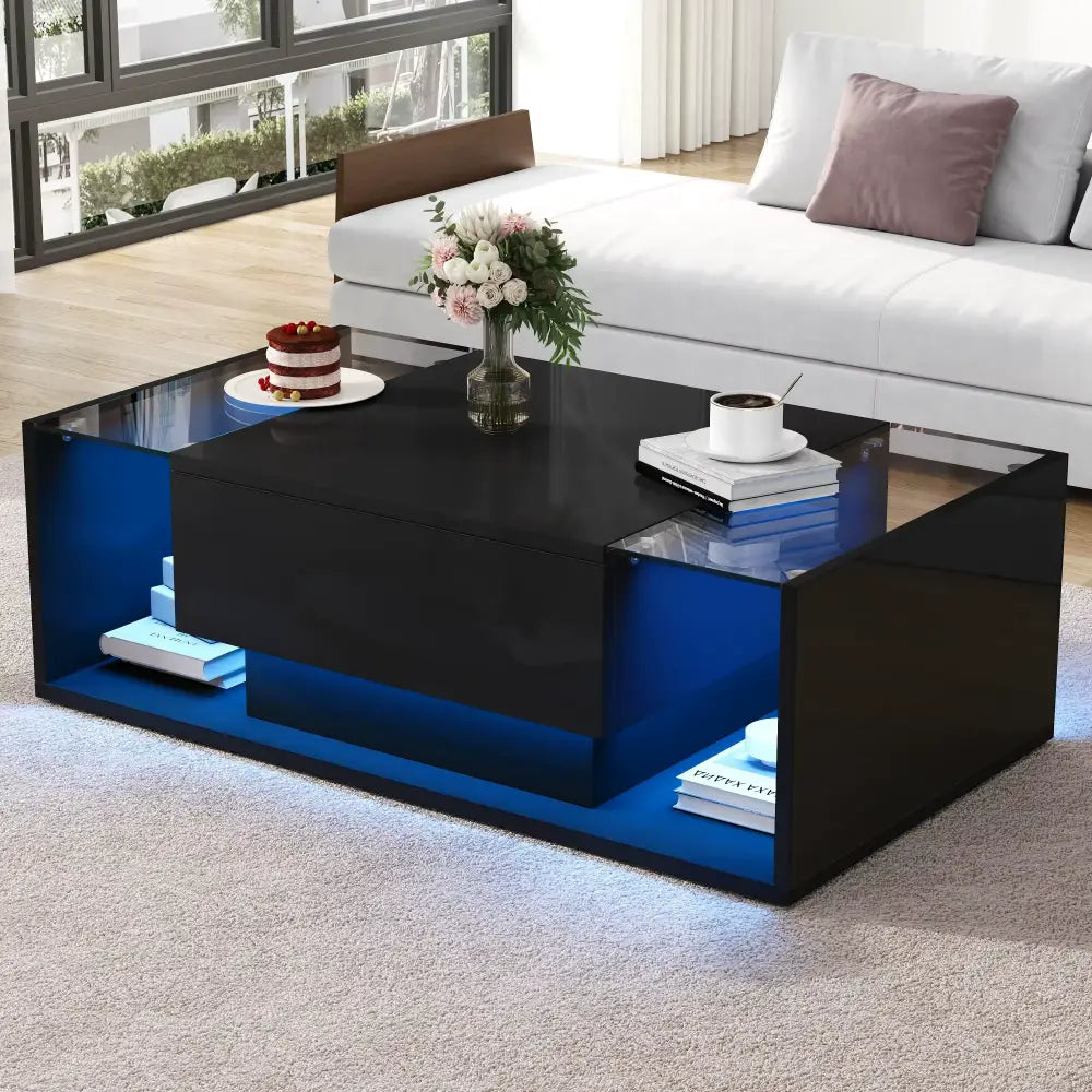 Modern LED Minimalist Drawer Glass Shelf Coffee Table - Multifunctional coffee table