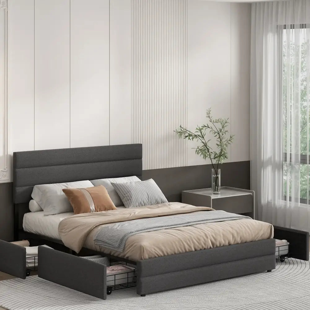 Modern Linen Fabric Storage Upholstered Bed Frame - Bedroom