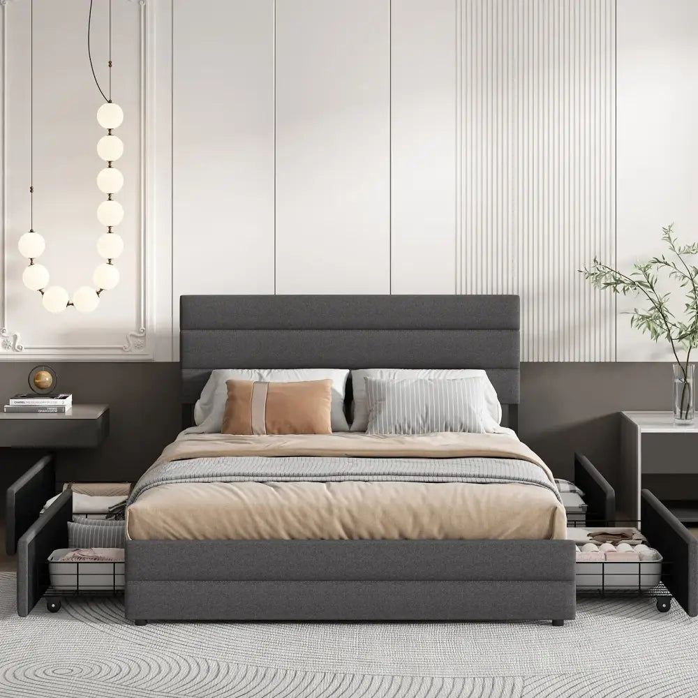 Modern Linen Fabric Storage Upholstered Bed Frame - Bedroom