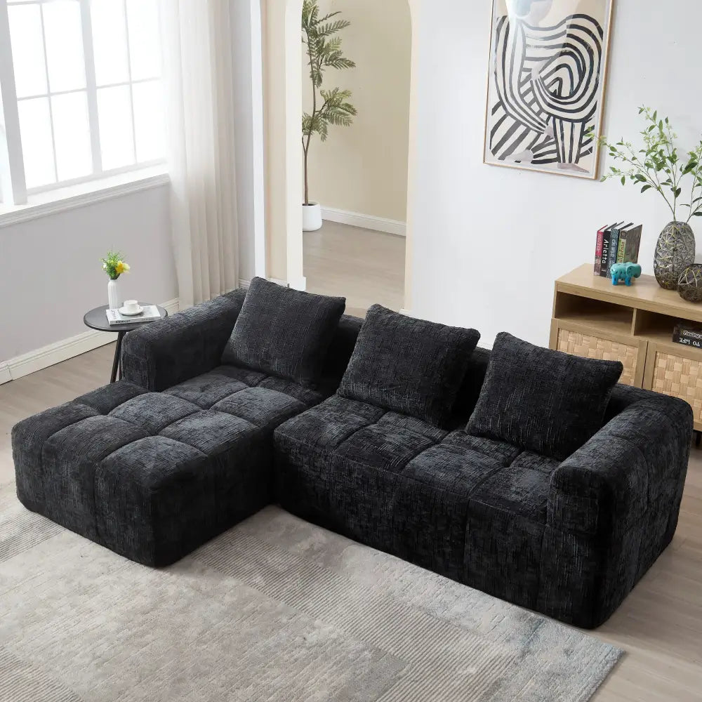 Modern Modular L Shaped 3 Seater Chaise Lounge Sofa - Black - Compressed Sofa