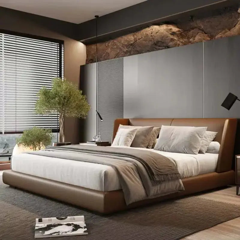 Modern PU Leather King Wood Double Bed Pine Frame - Bedroom