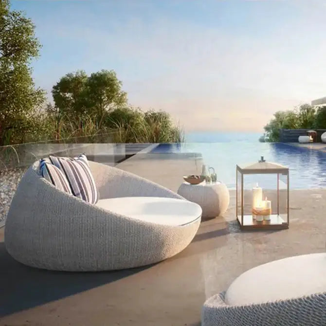 Modern rattan garden sofa set with brown all-weather woven frame for contemporary outdoor patio spaces