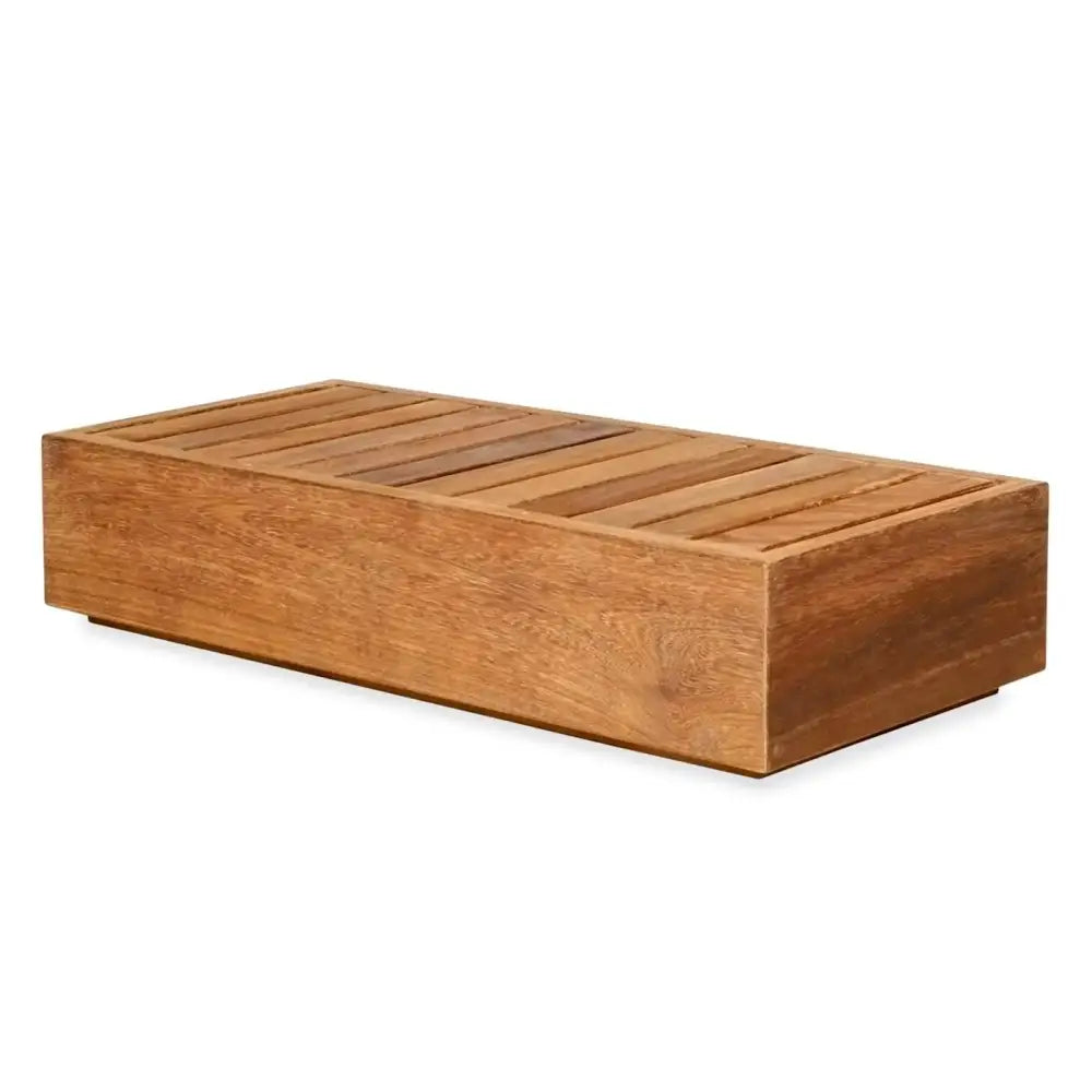 Modern teak outdoor sofa set showing natural wood grain texture and weather resistant material detail