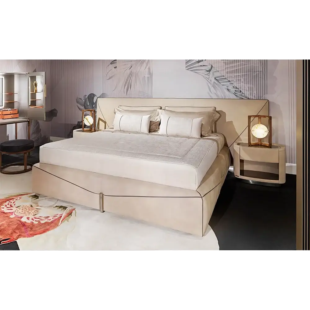 Modern Upholstered Headboard Soft Leather Bed Frame - Beige - Bedroom